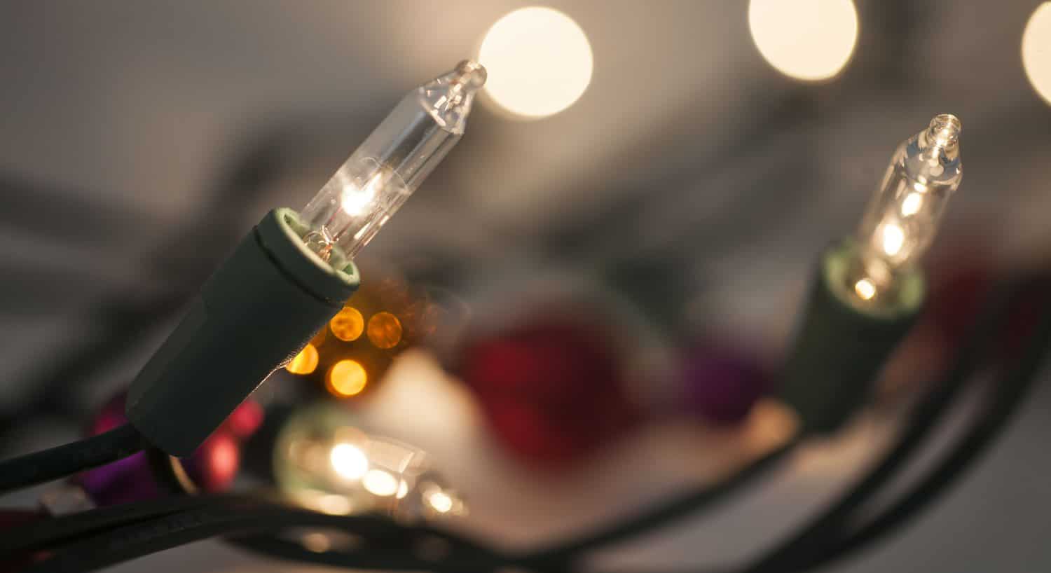 Close up view of multicolored string of Christmas lights