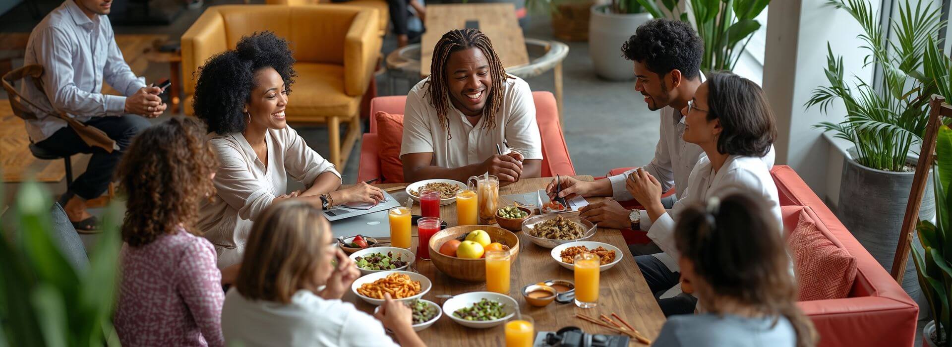 Group of friends laughing and sharing a meal at a long table.